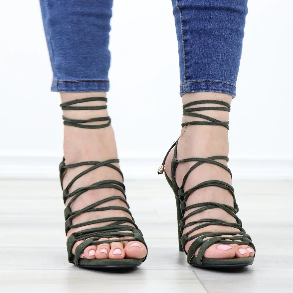 Cute Strappy Olive Faux Suede Open Toe Needle High Heel Stiletto Sandals - Picture 4 of 14